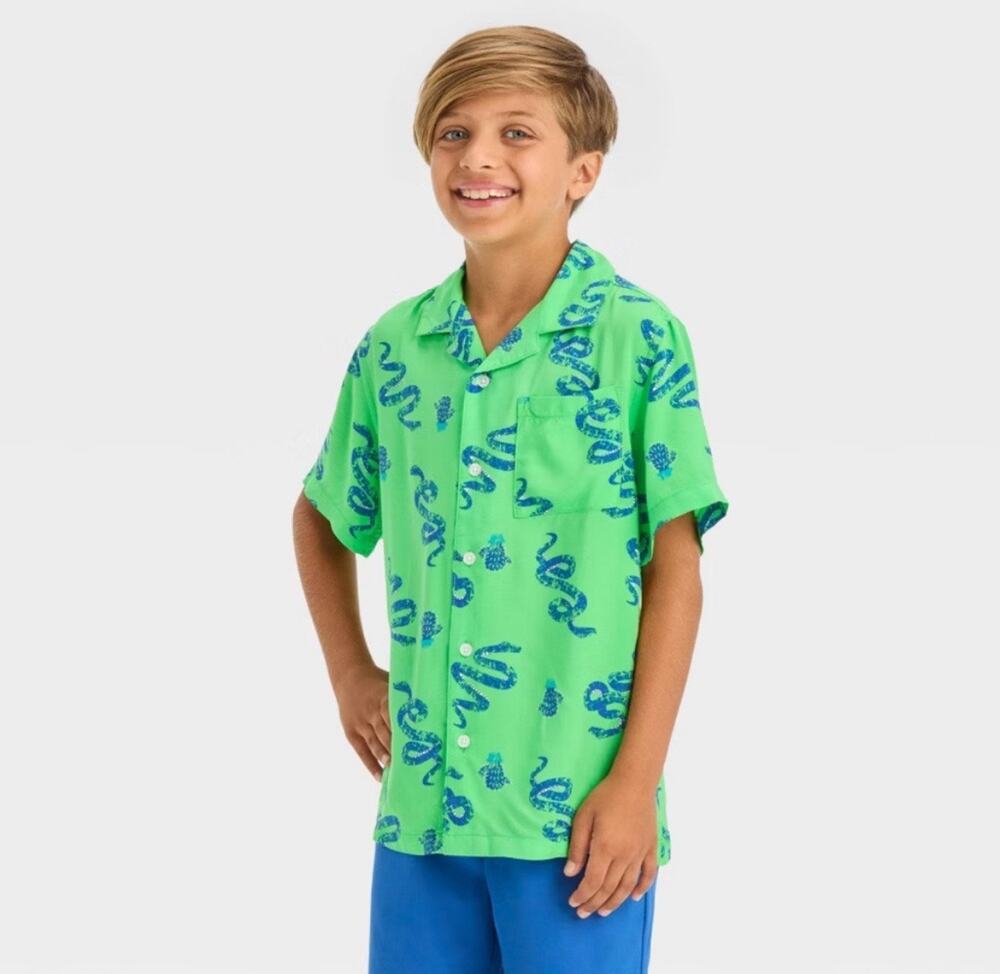 Cat & Jack snake cactus print button up collared shirt short sleeve green blue